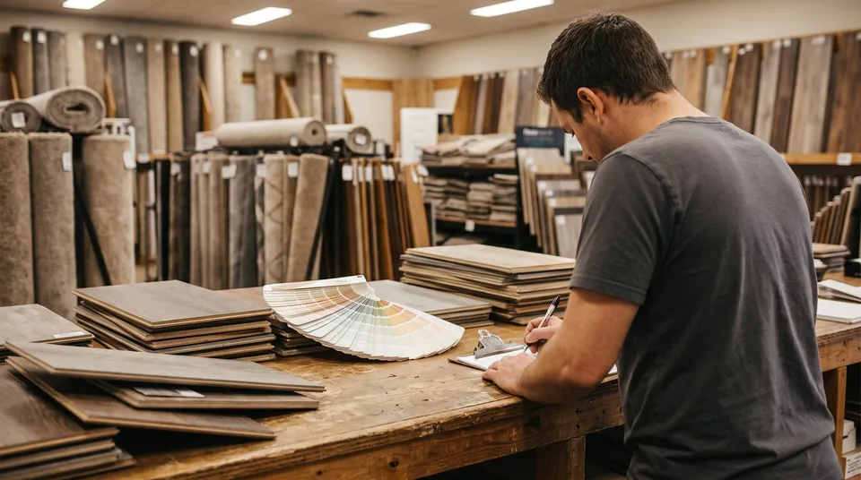 A dealer at a timber sales counter, writing on a clipboard beside an open fan deck of colour samples, with stacked sample boards and racked carpet rolls behind him.