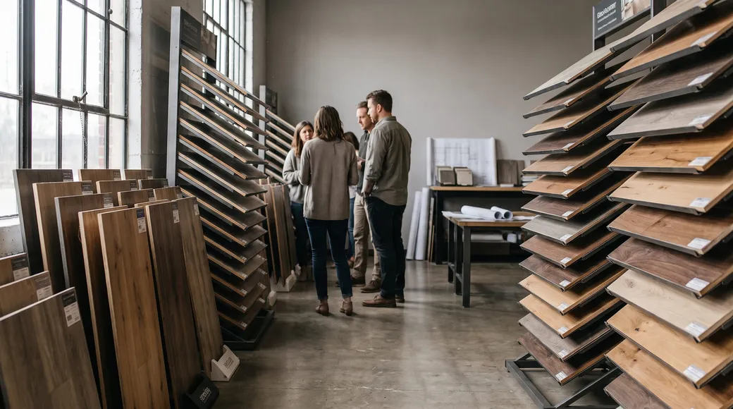 A flooring showroom aisle: swing-arm racks of oak and walnut sample boards under tall factory windows, with three people talking beside a worktable at the back.