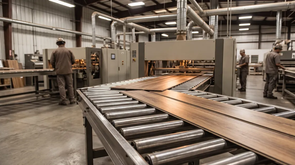 A flooring plant floor: finished planks travelling along a steel roller conveyor towards a press, with three operators working at machines further down the line.