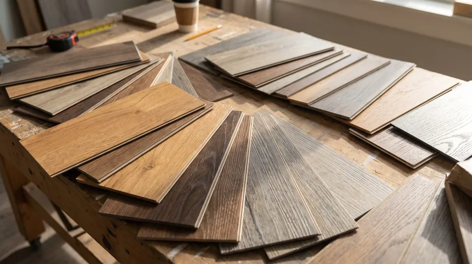 Flooring planks fanned out across a workbench in a dozen colourways of the same style, with a tape measure and pencil beside them.