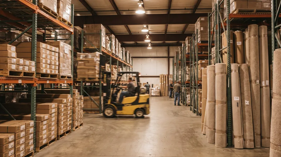 A distribution warehouse aisle: pallet racking stacked with cartons on one side, upright carpet rolls on the other, and a forklift crossing the aisle mid-motion.
